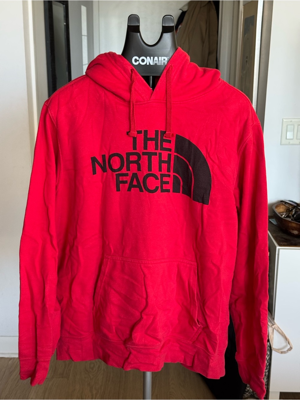 The North Face Men's Red Hoodie with Black Logo